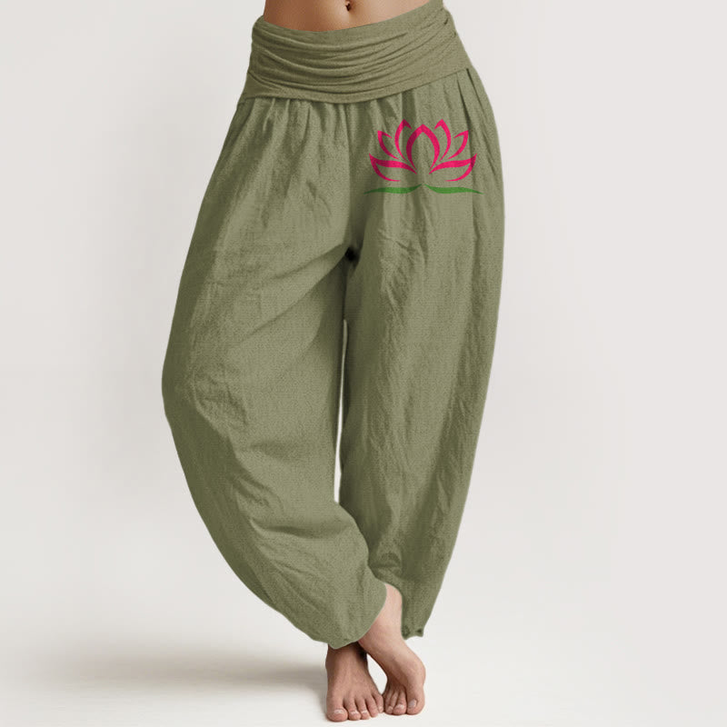Buddha Stones Simple Design Pink Lotus Pattern Pure Cotton Women's Elastic Waist Harem Pants - OliveDrab - US22,UK/AU26,EU54 (6XL) - image 14