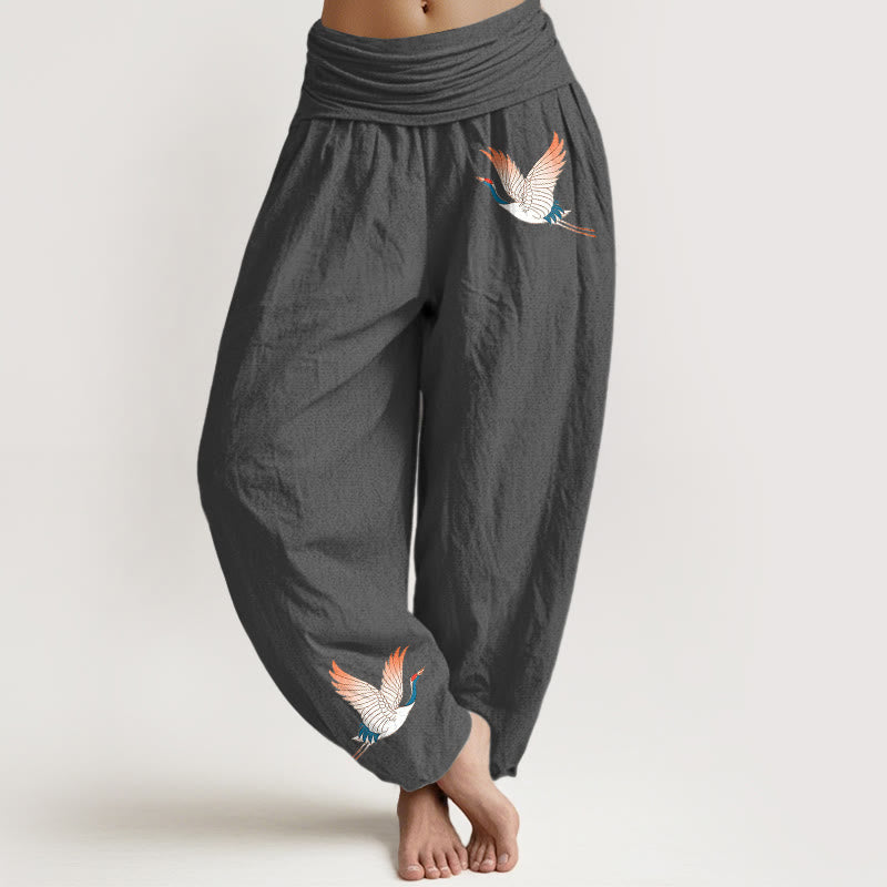 Buddha Stones Two Graceful Cranes Pattern Pure Cotton Women's Elastic Waist Harem Pants - Gray - US22,UK/AU26,EU54 (6XL) - image 8