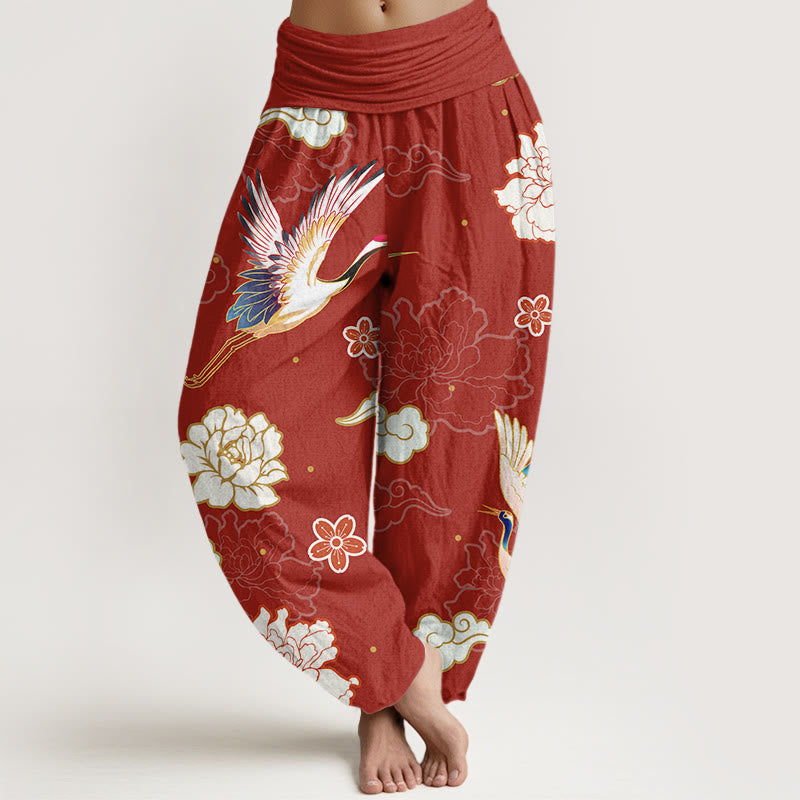 Buddha Stones Print Cranes Peonies Pattern Women's Elastic Waist Harem Pure Cotton Pants - FireBrick - US22,UK/AU26,EU54 (6XL) - image 5