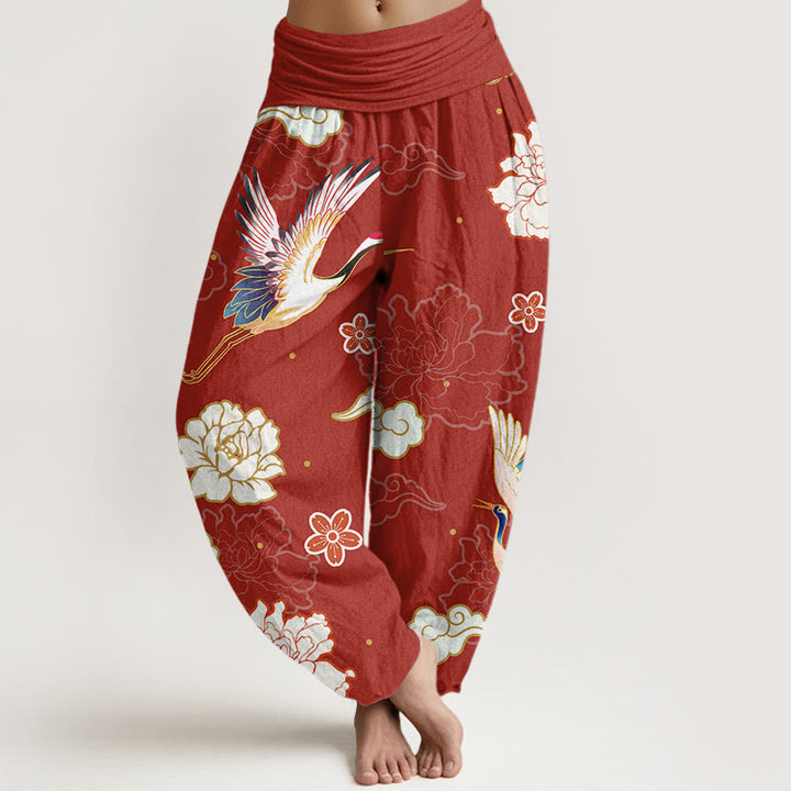Buddha Stones Print Cranes Peonies Pattern Women's Elastic Waist Harem Pure Cotton Pants - FireBrick - US22,UK/AU26,EU54 (6XL) - image 5