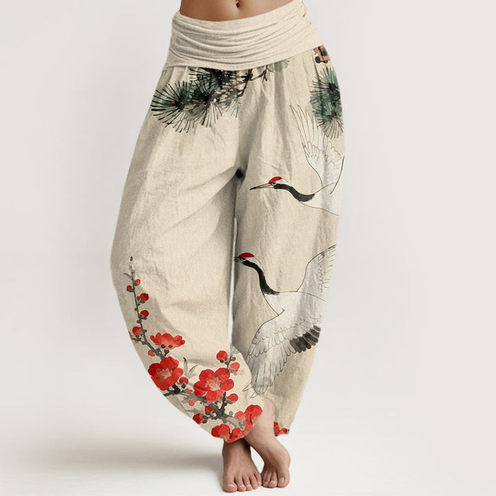 Buddha Stones Print Cranes Plum Blossoms Pattern Women's Elastic Waist Harem Cotton Pants - Beige - US22,UK/AU26,EU54 (6XL) - image 0