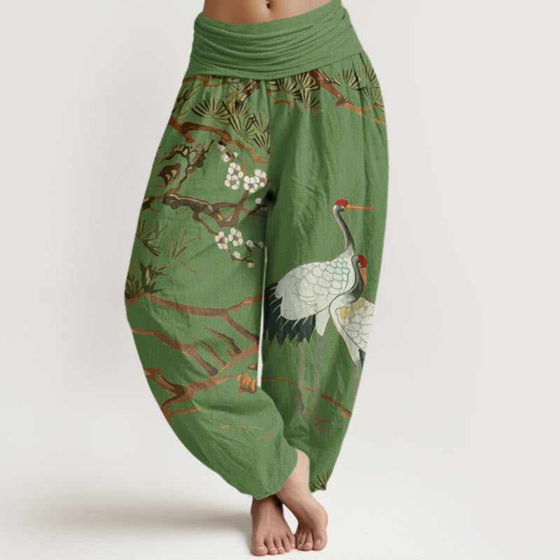 Buddha Stones Print Plum Blossoms Cranes Pine Trees Pattern Women's Elastic Waist Harem Cotton Pants - ForestGreen - US22,UK/AU26,EU54 (6XL) - image 0