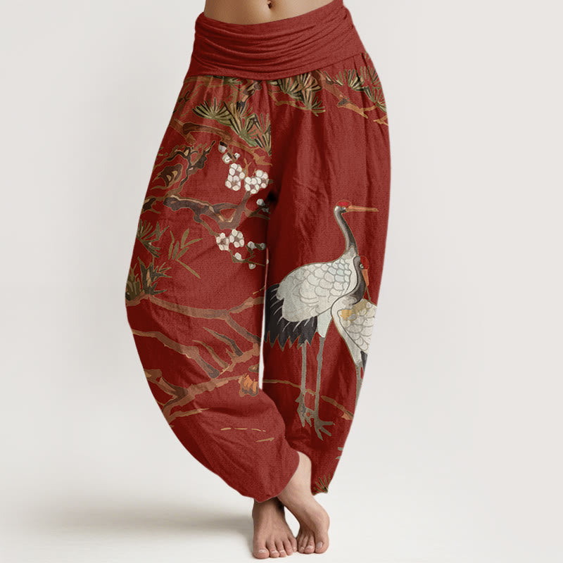 Buddha Stones Print Plum Blossoms Cranes Pine Trees Pattern Women's Elastic Waist Harem Cotton Pants - FireBrick - US22,UK/AU26,EU54 (6XL) - image 8