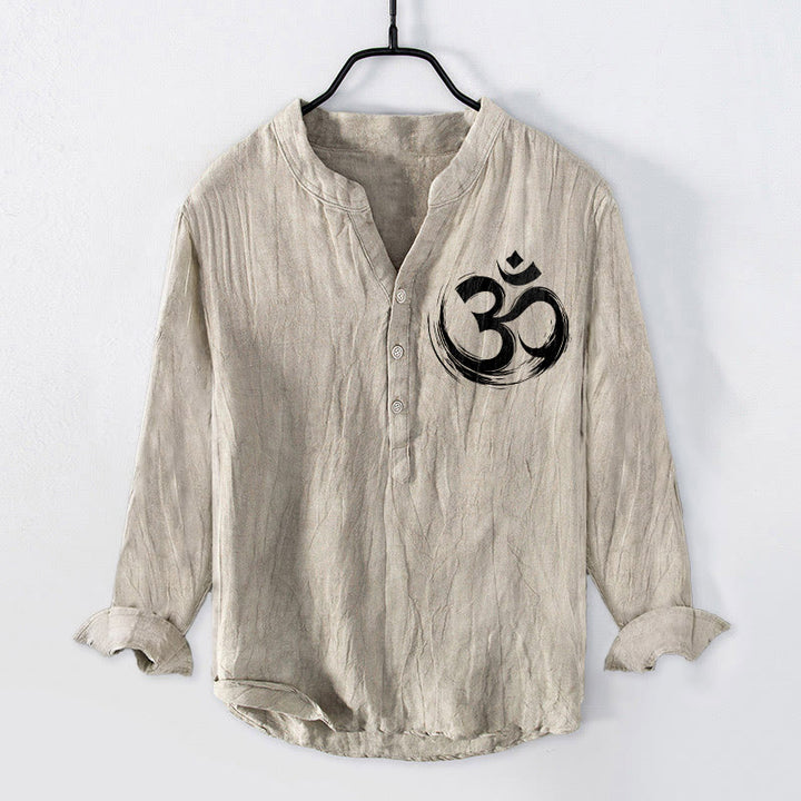 Buddha Stones Om Symbol Pattern Half Buttons Men's Cotton Linen Long Sleeve Shirt - Linen - US/UK/AU50,EU60 (5XL) - image 3