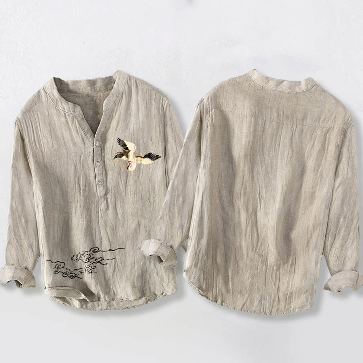 Buddha Stones Crane Auspicious Clouds Pattern Half Buttons Men's Cotton Linen Long Sleeve Shirt - image 5