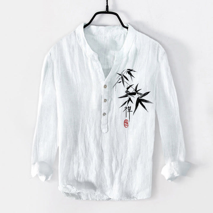 Buddha Stones Bamboo Zen Character Pattern Half Buttons Men's Cotton Linen Long Sleeve Shirt - White - US/UK/AU50,EU60 (5XL) - image 6