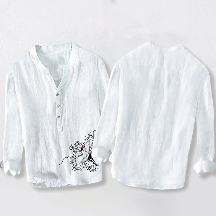 Buddha Stones Red-crowned Crane Clouds Pattern Half Buttons Men's Cotton Linen Long Sleeve Shirt - image 8