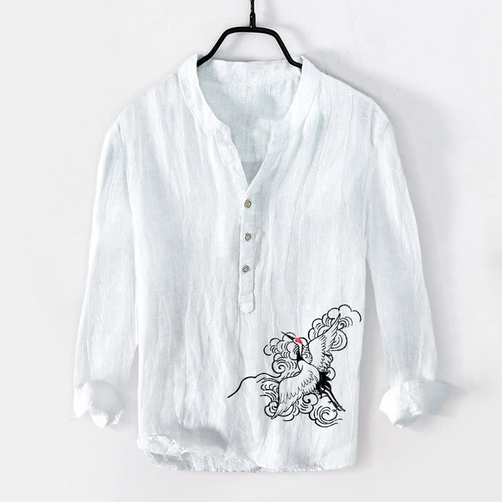 Buddha Stones Red-crowned Crane Clouds Pattern Half Buttons Men's Cotton Linen Long Sleeve Shirt - White - US/UK/AU50,EU60 (5XL) - image 6