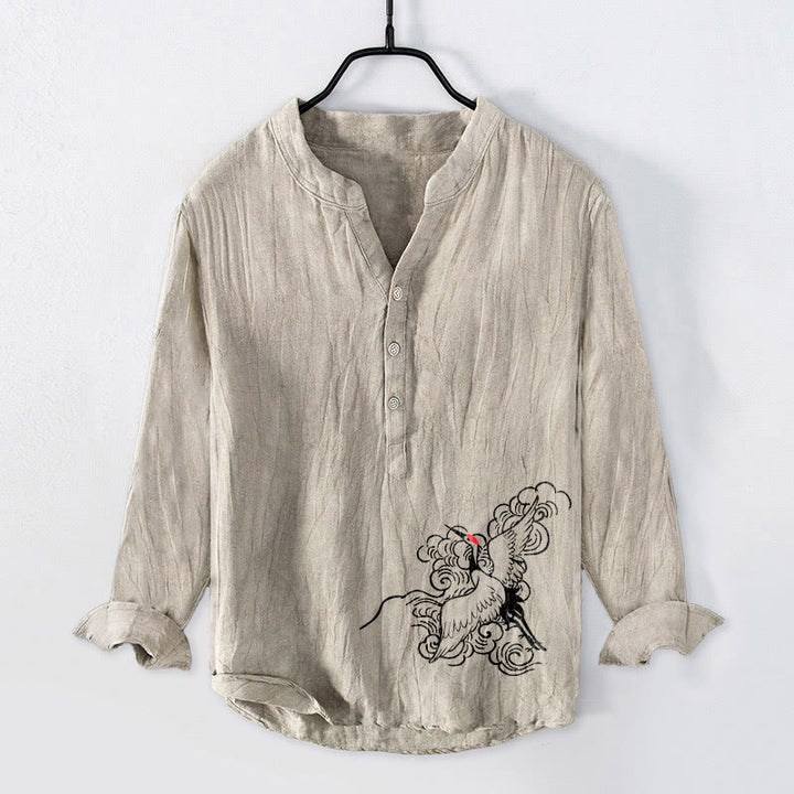 Buddha Stones Red-crowned Crane Clouds Pattern Half Buttons Men's Cotton Linen Long Sleeve Shirt - Linen - US/UK/AU50,EU60 (5XL) - image 0