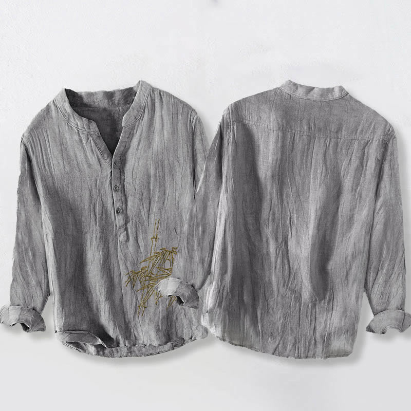 Buddha Stones Bamboo Leaves Pattern Half Buttons Men's Cotton Linen Long Sleeve Shirt - image 5