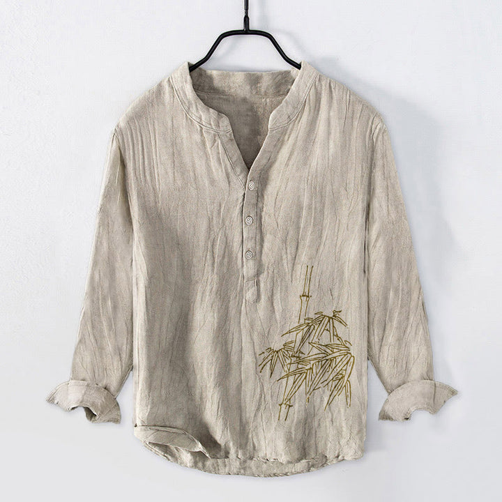 Buddha Stones Bamboo Leaves Pattern Half Buttons Men's Cotton Linen Long Sleeve Shirt - Linen - US/UK/AU50,EU60 (5XL) - image 6