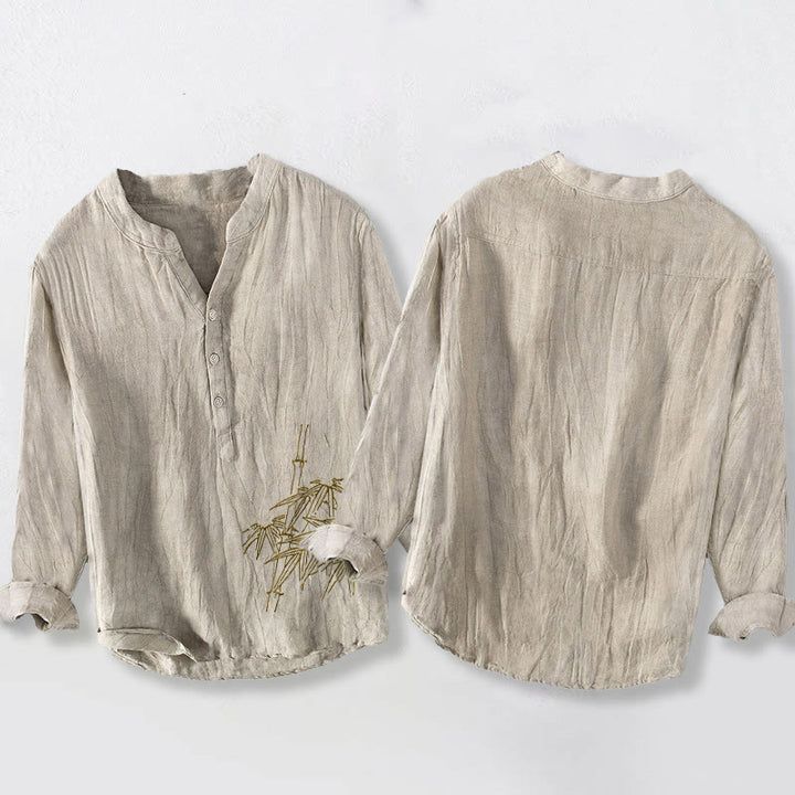 Buddha Stones Bamboo Leaves Pattern Half Buttons Men's Cotton Linen Long Sleeve Shirt - image 8