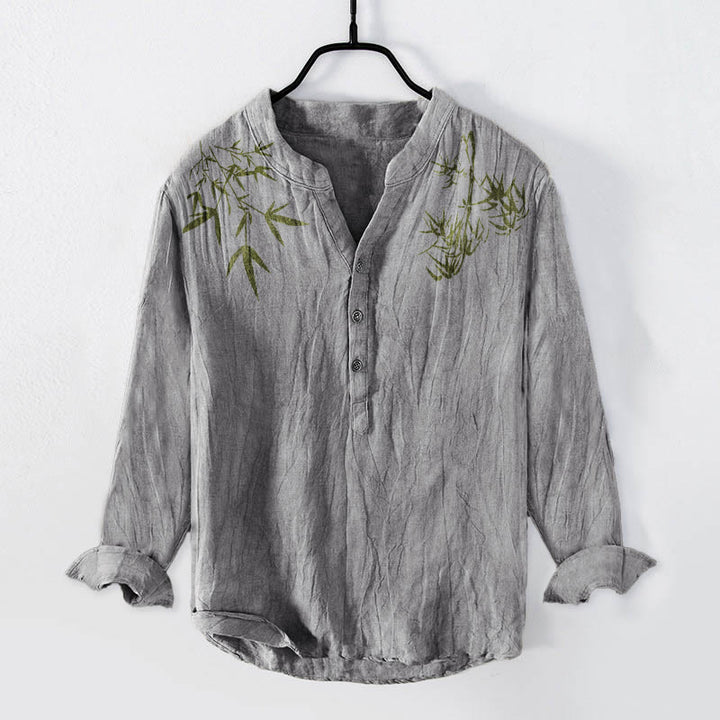 Buddha Stones Green Bamboo Leaves Pattern Half Buttons Men's Cotton Linen Long Sleeve Shirt - Gray - US/UK/AU50,EU60 (5XL) - image 3