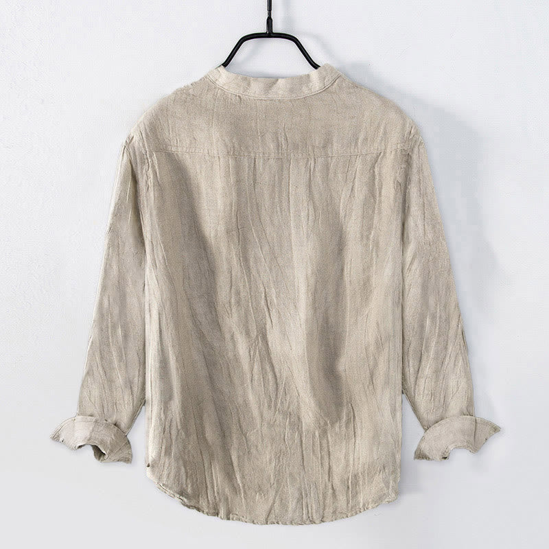 Buddha Stones Green Bamboo Leaves Pattern Half Buttons Men's Cotton Linen Long Sleeve Shirt - image 1