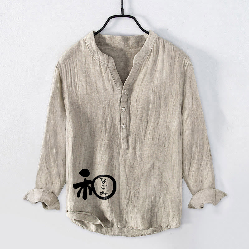 Buddha Stones Chinese Character Harmony Pattern Half Buttons Men's Cotton Linen Long Sleeve Shirt - Linen - US/UK/AU50,EU60 (5XL) - image 3