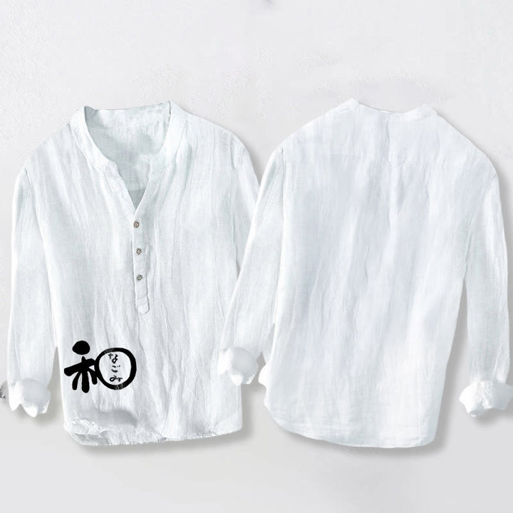 Buddha Stones Chinese Character Harmony Pattern Half Buttons Men's Cotton Linen Long Sleeve Shirt - image 2