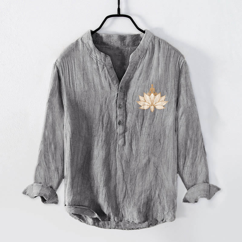 Buddha Stones Meditating Person Lotus Pattern Half Buttons Men's Cotton Linen Long Sleeve Shirt - image 1