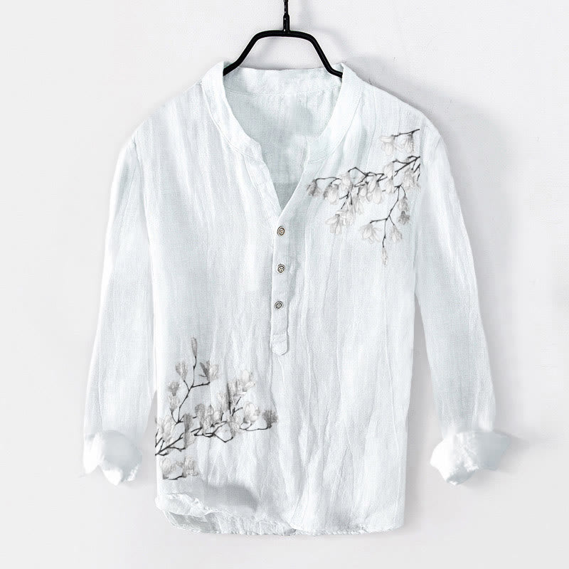 Buddha Stones Magnolia Flowers Branches Pattern Half Buttons Men's Cotton Linen Long Sleeve Shirt - White - US/UK/AU50,EU60 (5XL) - image 6