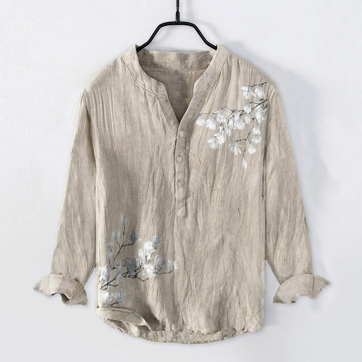 Buddha Stones Magnolia Flowers Branches Pattern Half Buttons Men's Cotton Linen Long Sleeve Shirt - Linen - US/UK/AU50,EU60 (5XL) - image 3