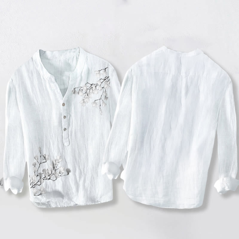 Buddha Stones Magnolia Flowers Branches Pattern Half Buttons Men's Cotton Linen Long Sleeve Shirt - image 8