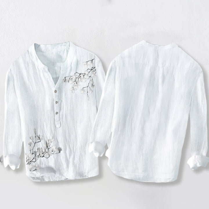 Buddha Stones Magnolia Flowers Branches Pattern Half Buttons Men's Cotton Linen Long Sleeve Shirt - image 8