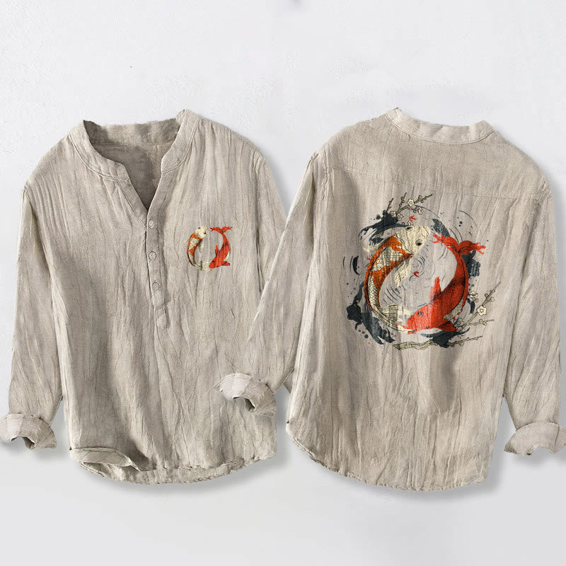 Buddha Stones Red White Koi Fish Yin Yang Pattern Half Buttons Men's Cotton Linen Long Sleeve Shirt - Linen - US/UK/AU50,EU60 (5XL) - image 0