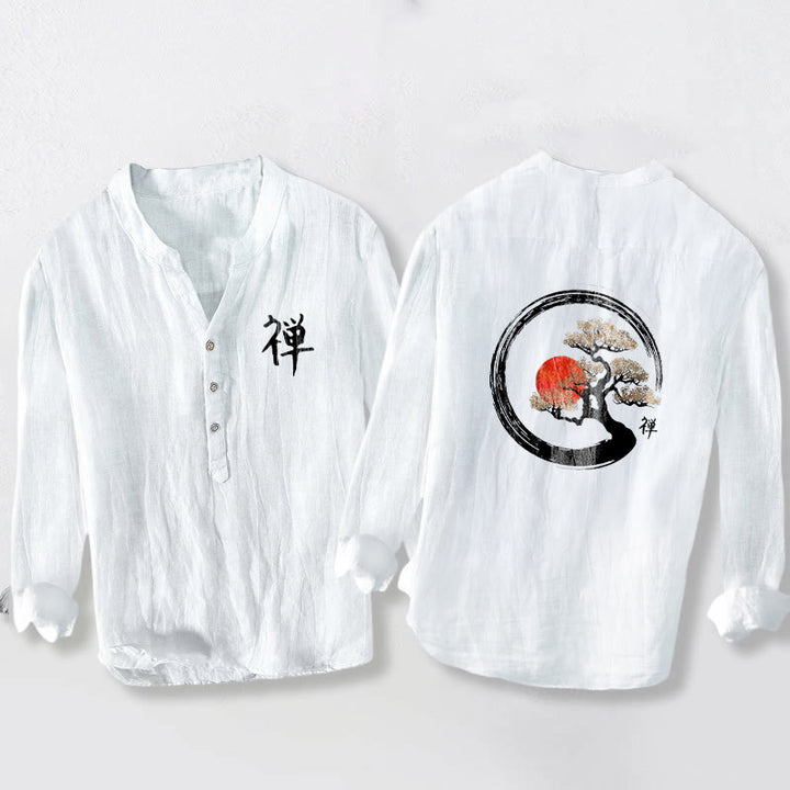 Buddha Stones Zen Character Pine Tree Sun Pattern Half Buttons Men's Cotton Linen Long Sleeve Shirt - White - US/UK/AU50,EU60 (5XL) - image 6