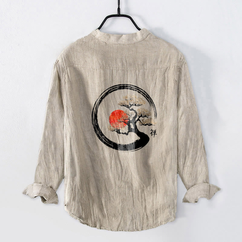 Buddha Stones Zen Character Pine Tree Sun Pattern Half Buttons Men's Cotton Linen Long Sleeve Shirt - image 5