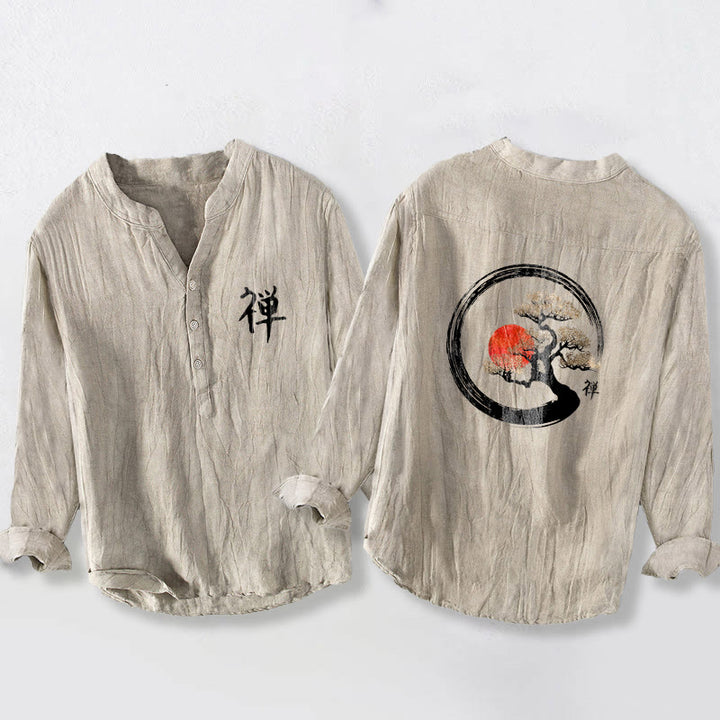 Buddha Stones Zen Character Pine Tree Sun Pattern Half Buttons Men's Cotton Linen Long Sleeve Shirt - Linen - US/UK/AU50,EU60 (5XL) - image 3