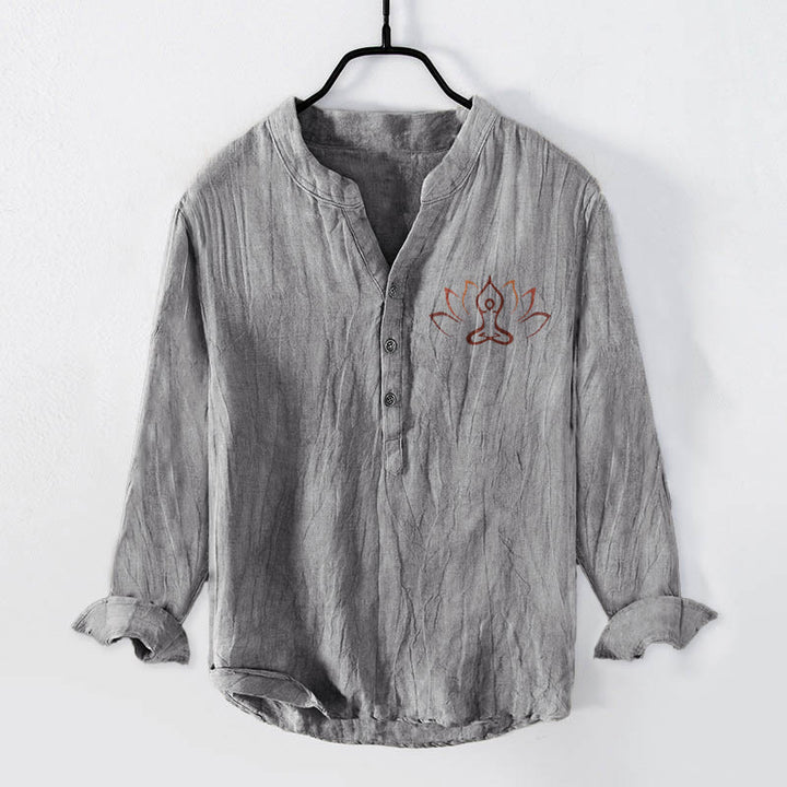 Buddha Stones Lotus Meditating Figure Pattern Half Buttons Men's Cotton Linen Long Sleeve Shirt - Gray - US/UK/AU50,EU60 (5XL) - image 3