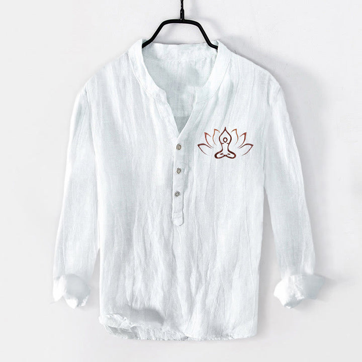 Buddha Stones Lotus Meditating Figure Pattern Half Buttons Men's Cotton Linen Long Sleeve Shirt - White - US/UK/AU50,EU60 (5XL) - image 6