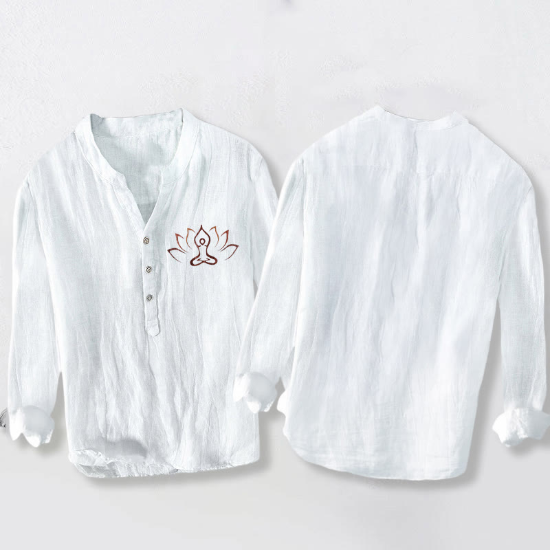 Buddha Stones Lotus Meditating Figure Pattern Half Buttons Men's Cotton Linen Long Sleeve Shirt - image 8