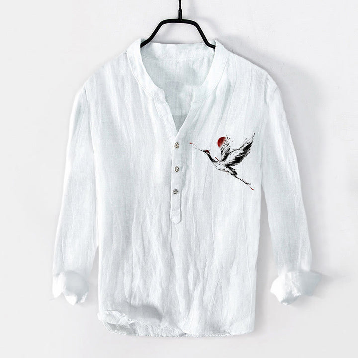 Buddha Stones Flying Crane Sun Pattern Half Buttons Men's Cotton Linen Long Sleeve Shirt - White - US/UK/AU50,EU60 (5XL) - image 6