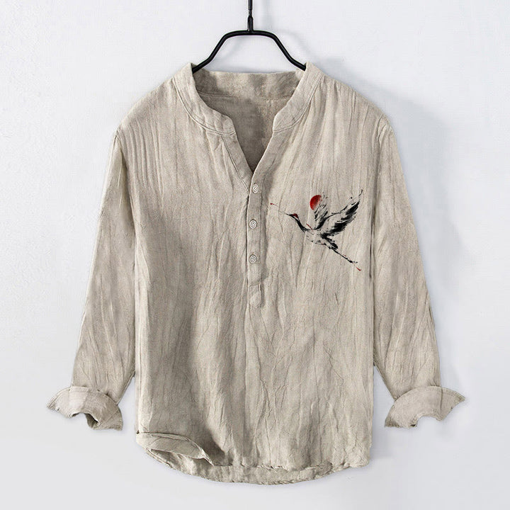 Buddha Stones Flying Crane Sun Pattern Half Buttons Men's Cotton Linen Long Sleeve Shirt - Linen - US/UK/AU50,EU60 (5XL) - image 0