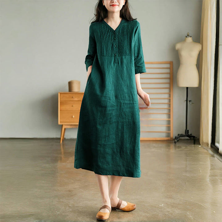 Buddha Stones Casual Plain Accordion Pleats V-neck Half Sleeve Design Midi Dress With Pockets - Teal - US12,UK/AU16,EU44 (3XL) - image 0
