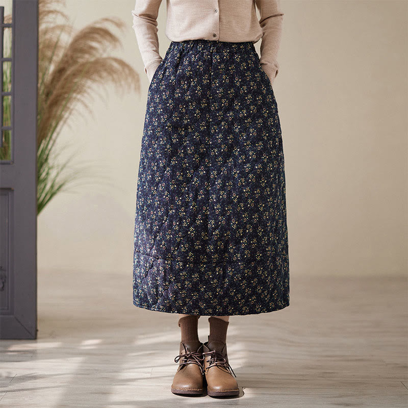 Buddha Stones Vintage Floral Pattern Elastic Waist Cotton Women's Midi Skirt With Pockets - MidnightBlue - US6,UK/AU10,EU38 (XL) - image 0