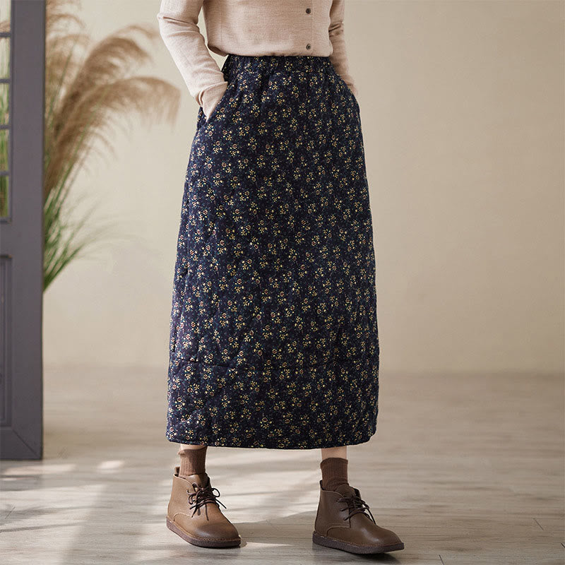 Buddha Stones Vintage Floral Pattern Elastic Waist Cotton Women's Midi Skirt With Pockets - image 1