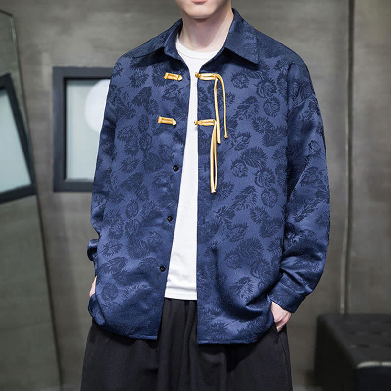 Buddha Stones Frog-Button Leaves Pattern Long Sleeve Men's Tang Suit Jacket - DarkBlue - US/UK/AU50,EU60 (5XL) - image 9
