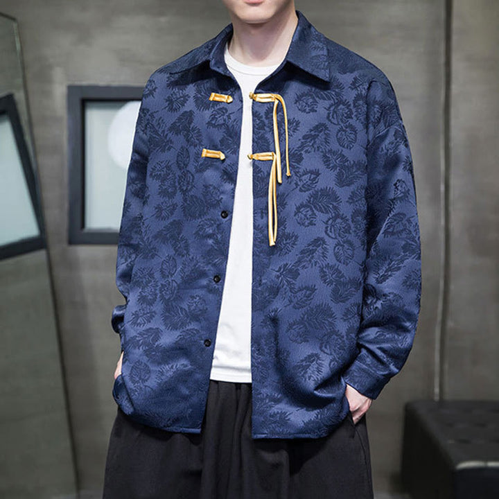 Buddha Stones Frog-Button Leaves Pattern Long Sleeve Men's Tang Suit Jacket - DarkBlue - US/UK/AU50,EU60 (5XL) - image 9
