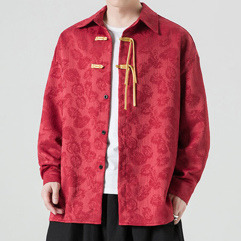 Buddha Stones Frog-Button Leaves Pattern Long Sleeve Men's Tang Suit Jacket - image 2