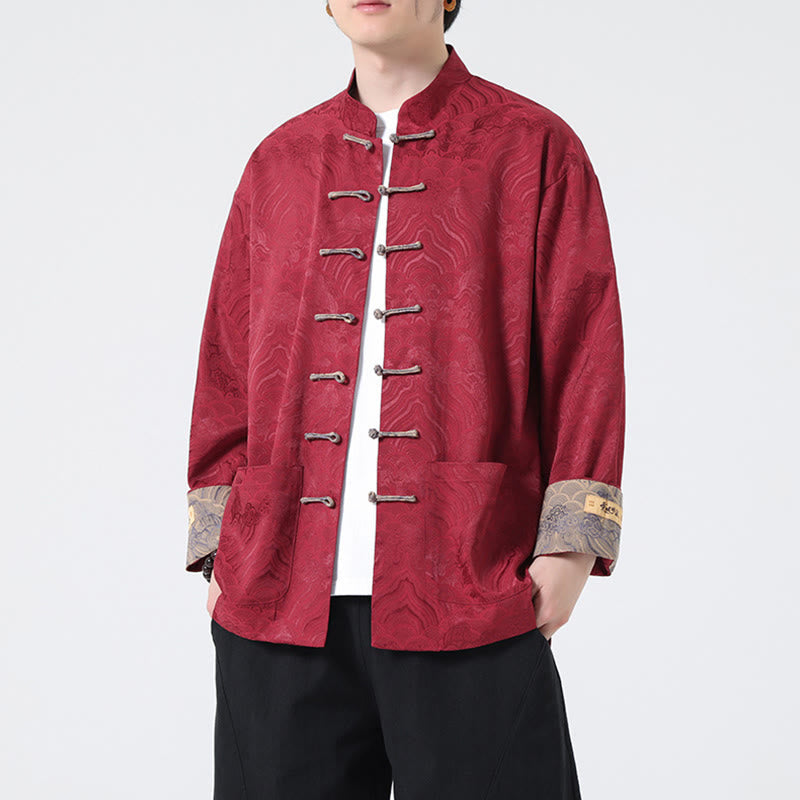 Buddha Stones Frog-Button Mountain Wave Pattern Long Sleeve Men's Cotton Jacket With Pockets - Crimson - US/UK/AU46,EU56 (5XL) - image 0
