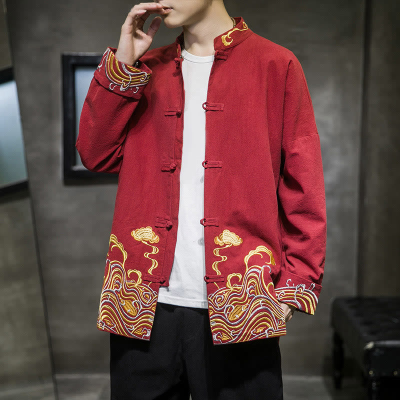 Buddha Stones Embroiderd Clouds Frog-Button Long Sleeve Men's Cotton Tang Suit Jacket - Crimson - US/UK/AU46,EU56 (5XL) - image 0