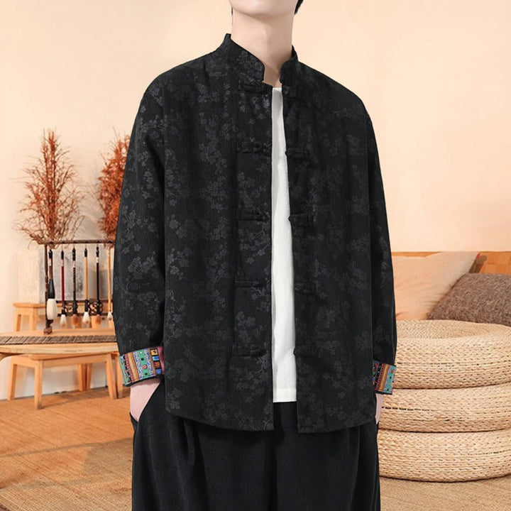 Buddha Stones Plain Plum Blossom Pattern Long Sleeve Men's Cotton Corduroy Tang Suit Jacket - Black - US/UK/AU46,EU56 (5XL) - image 4