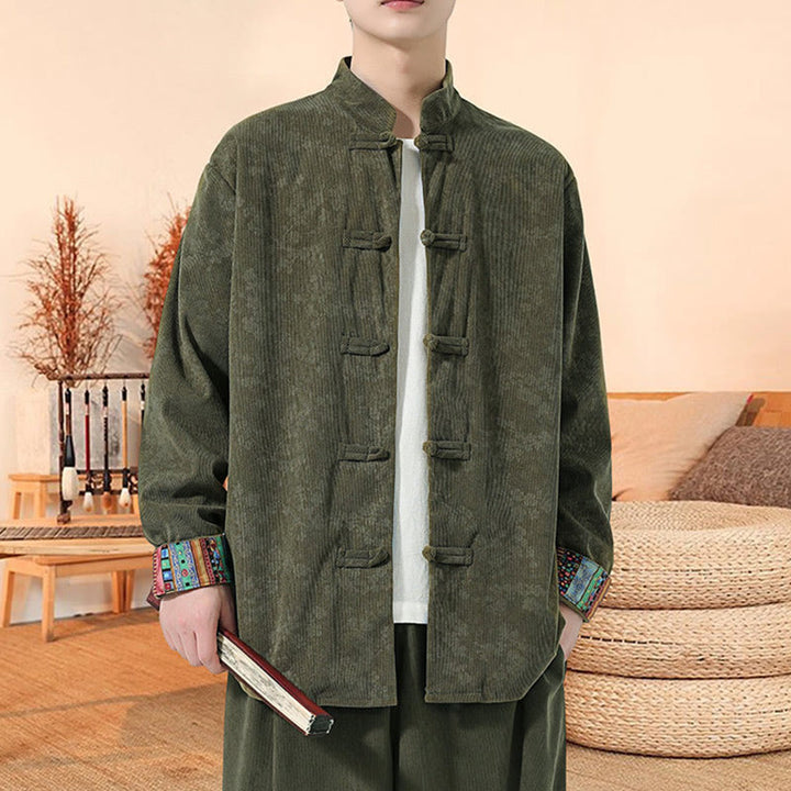 Buddha Stones Plain Plum Blossom Pattern Long Sleeve Men's Cotton Corduroy Tang Suit Jacket - OliveDrab - US/UK/AU46,EU56 (5XL) - image 0