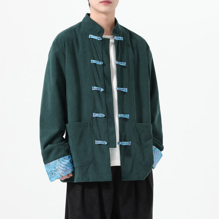 Buddha Stones Floral Design Long Sleeve Men's Cotton Corduroy Tang Suit Jacket With Pockets - Teal - US/UK/AU46,EU56 (5XL) - image 13
