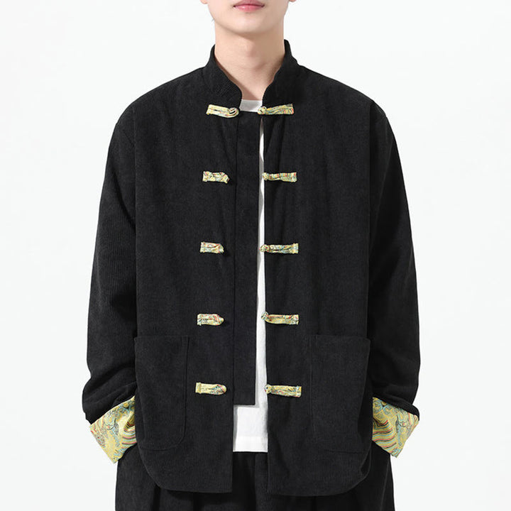 Buddha Stones Floral Design Long Sleeve Men's Cotton Corduroy Tang Suit Jacket With Pockets - image 9