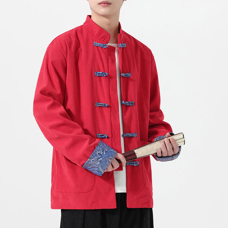Buddha Stones Floral Design Long Sleeve Men's Cotton Corduroy Tang Suit Jacket With Pockets - Red - US/UK/AU46,EU56 (5XL) - image 0