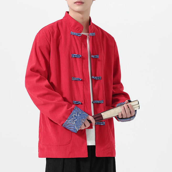 Buddha Stones Floral Design Long Sleeve Men's Cotton Corduroy Tang Suit Jacket With Pockets - Red - US/UK/AU46,EU56 (5XL) - image 0