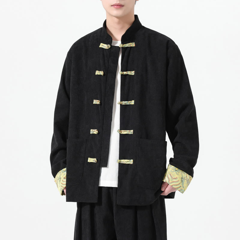 Buddha Stones Floral Design Long Sleeve Men's Cotton Corduroy Tang Suit Jacket With Pockets - Black - US/UK/AU46,EU56 (5XL) - image 6