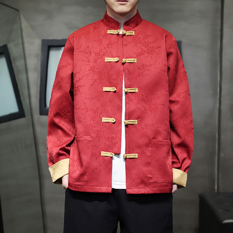 Buddha Stones Jacquard Stand Collar Long Sleeve Men's Cotton Jacket With Pockets - Crimson - US/UK/AU46,EU56 (5XL) - image 0